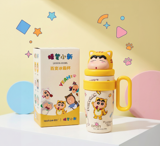 Premium Aron "Daily Ice Champion" 800ml Large Capacity 316/304 Stainless Steel Vacuum Flask with Shin-chan Cat Theme - Kids & Adults Kawaii Water Bottle