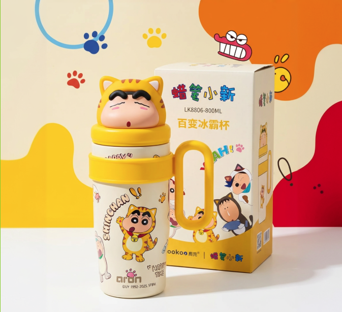 Premium Aron "Daily Ice Champion" 800ml Large Capacity 316/304 Stainless Steel Vacuum Flask with Shin-chan Cat Theme - Kids & Adults Kawaii Water Bottle