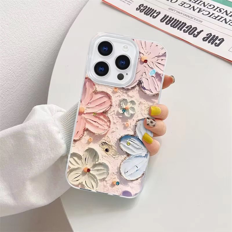 Luxury Blue Oil Painting Flower Fashion Phone case for iPhone 17, Air, Pro, Pro Max Cute Pink Floral Print Aesthetic Design Simple for Women Girly Shockproof Slim TPU Protective