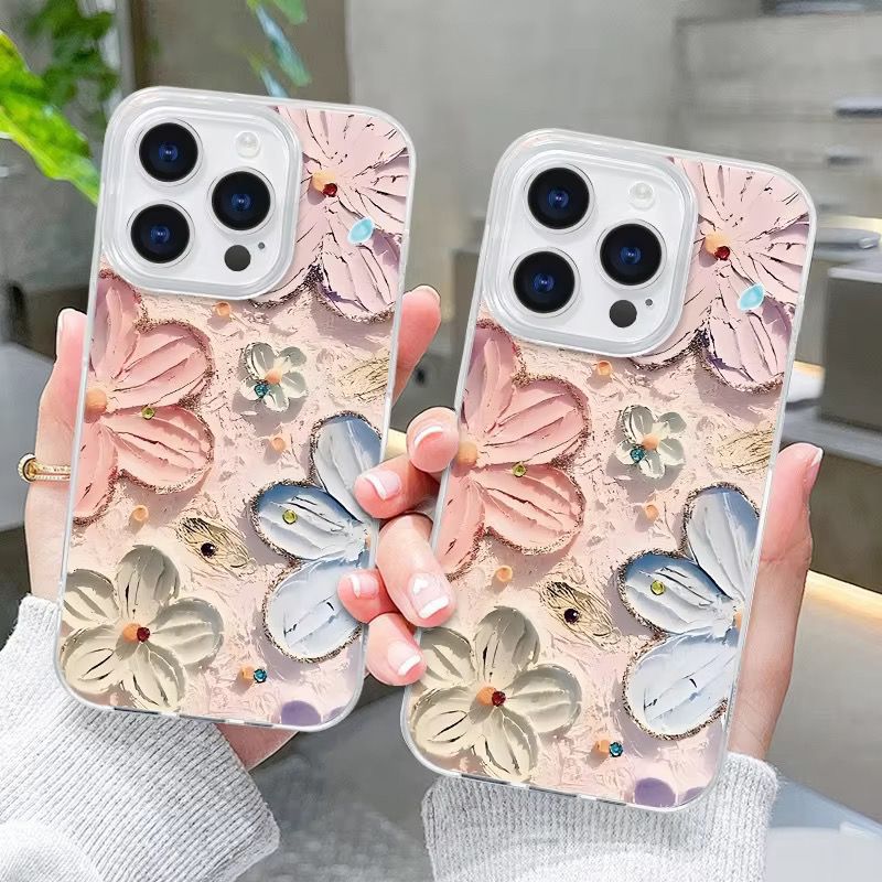 Luxury Blue Oil Painting Flower Fashion Phone case for iPhone 17, Air, Pro, Pro Max Cute Pink Floral Print Aesthetic Design Simple for Women Girly Shockproof Slim TPU Protective