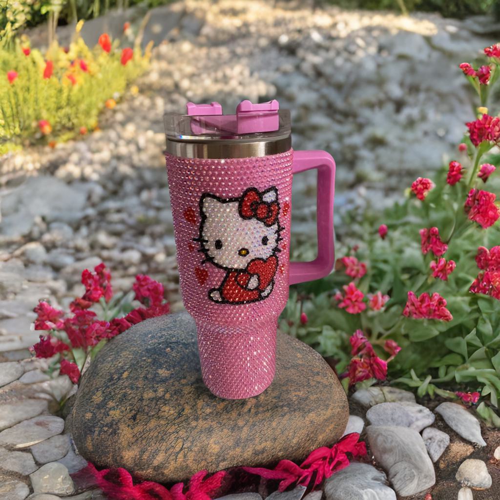 Cartoon Kitty Cat 40 oz Tumbler with Handle & Lid, Glass Pink Cute Kitty Travel Mug, Double Wall Insulated 201 & 304 Stainless Steel Cup for Coffee, Water, Cold Drinks, Large Capacity Cute Drinkware Inspired by Aron Kitty for Girls Women Gifts