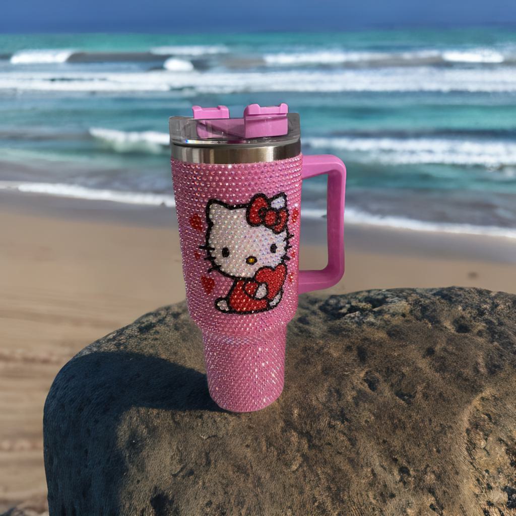Cartoon Kitty Cat 40 oz Tumbler with Handle & Lid, Glass Pink Cute Kitty Travel Mug, Double Wall Insulated 201 & 304 Stainless Steel Cup for Coffee, Water, Cold Drinks, Large Capacity Cute Drinkware Inspired by Aron Kitty for Girls Women Gifts