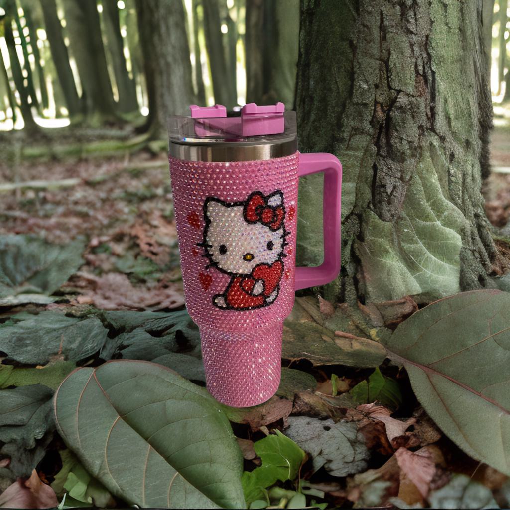 Cartoon Kitty Cat 40 oz Tumbler with Handle & Lid, Glass Pink Cute Kitty Travel Mug, Double Wall Insulated 201 & 304 Stainless Steel Cup for Coffee, Water, Cold Drinks, Large Capacity Cute Drinkware Inspired by Aron Kitty for Girls Women Gifts