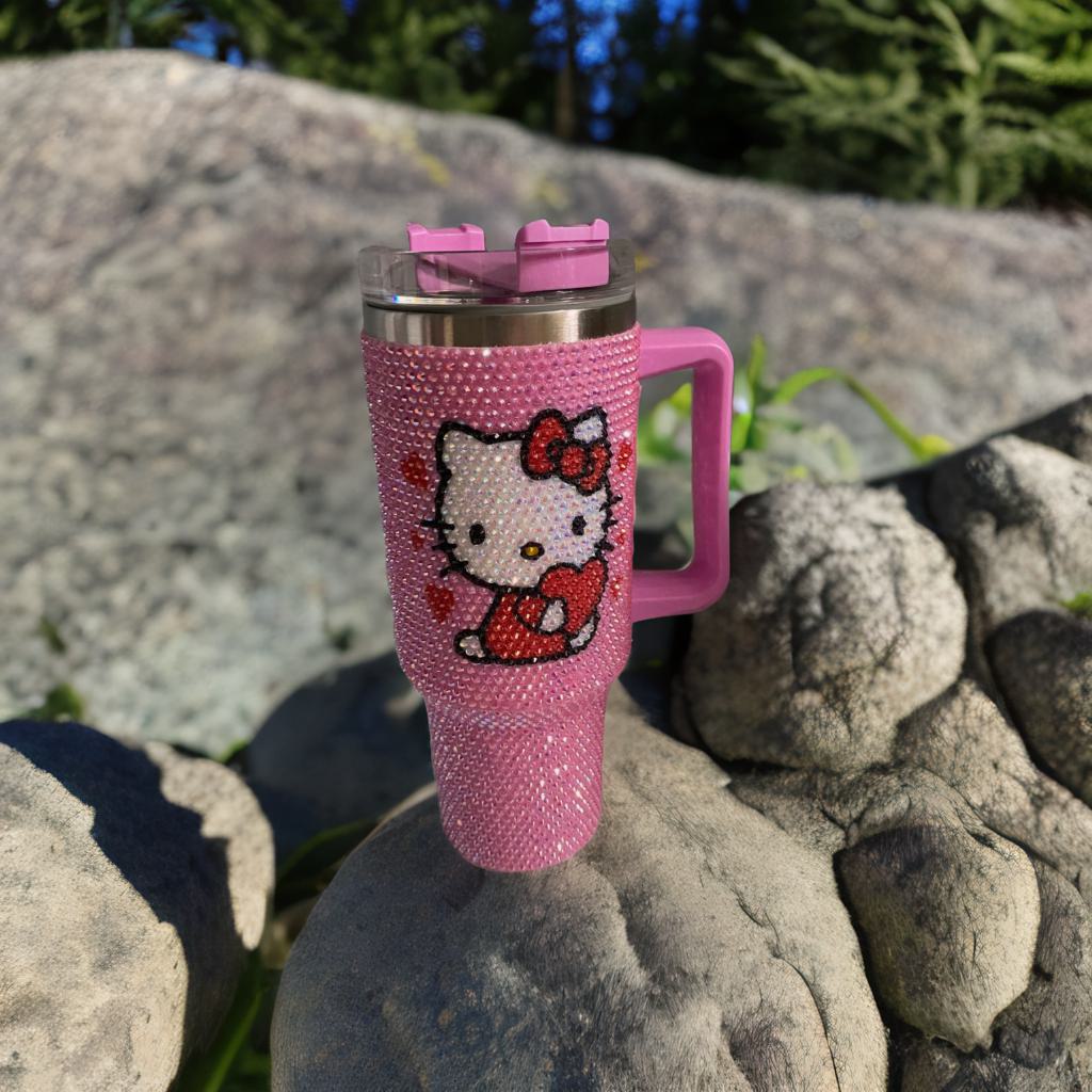 Cartoon Kitty Cat 40 oz Tumbler with Handle & Lid, Glass Pink Cute Kitty Travel Mug, Double Wall Insulated 201 & 304 Stainless Steel Cup for Coffee, Water, Cold Drinks, Large Capacity Cute Drinkware Inspired by Aron Kitty for Girls Women Gifts