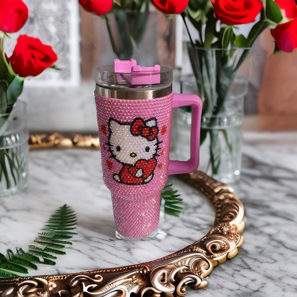 Cartoon Kitty Cat 40 oz Tumbler with Handle & Lid, Glass Pink Cute Kitty Travel Mug, Double Wall Insulated 201 & 304 Stainless Steel Cup for Coffee, Water, Cold Drinks, Large Capacity Cute Drinkware Inspired by Aron Kitty for Girls Women Gifts