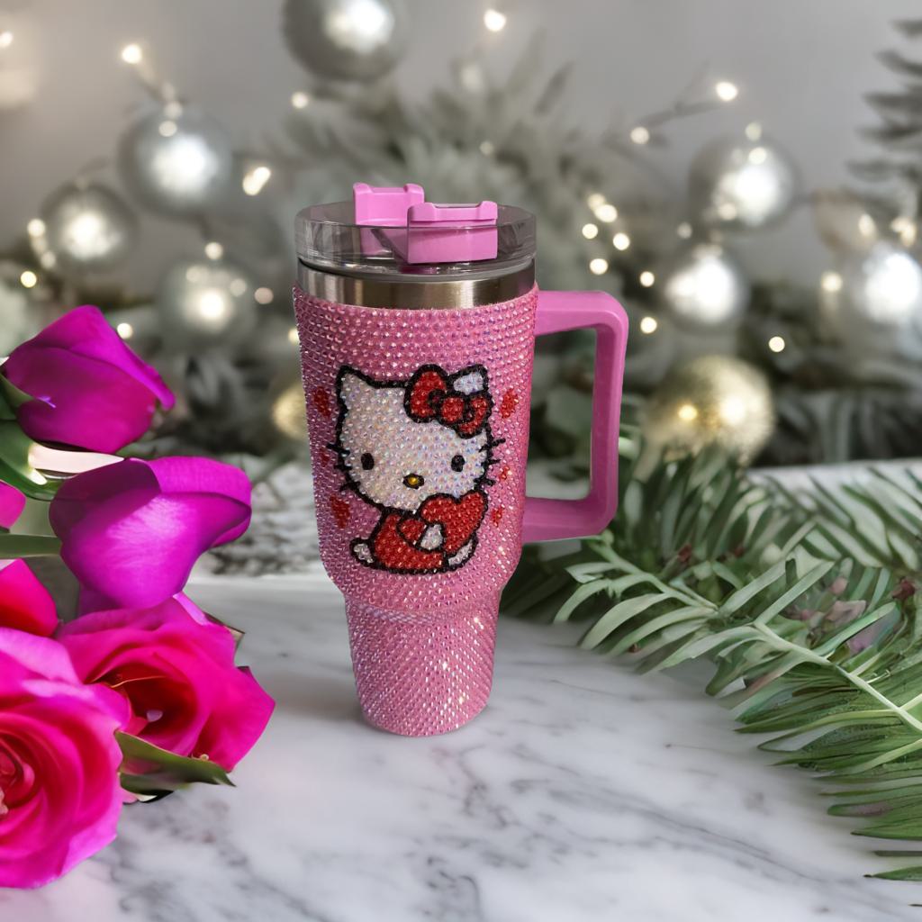 Cartoon Kitty Cat 40 oz Tumbler with Handle & Lid, Glass Pink Cute Kitty Travel Mug, Double Wall Insulated 201 & 304 Stainless Steel Cup for Coffee, Water, Cold Drinks, Large Capacity Cute Drinkware Inspired by Aron Kitty for Girls Women Gifts