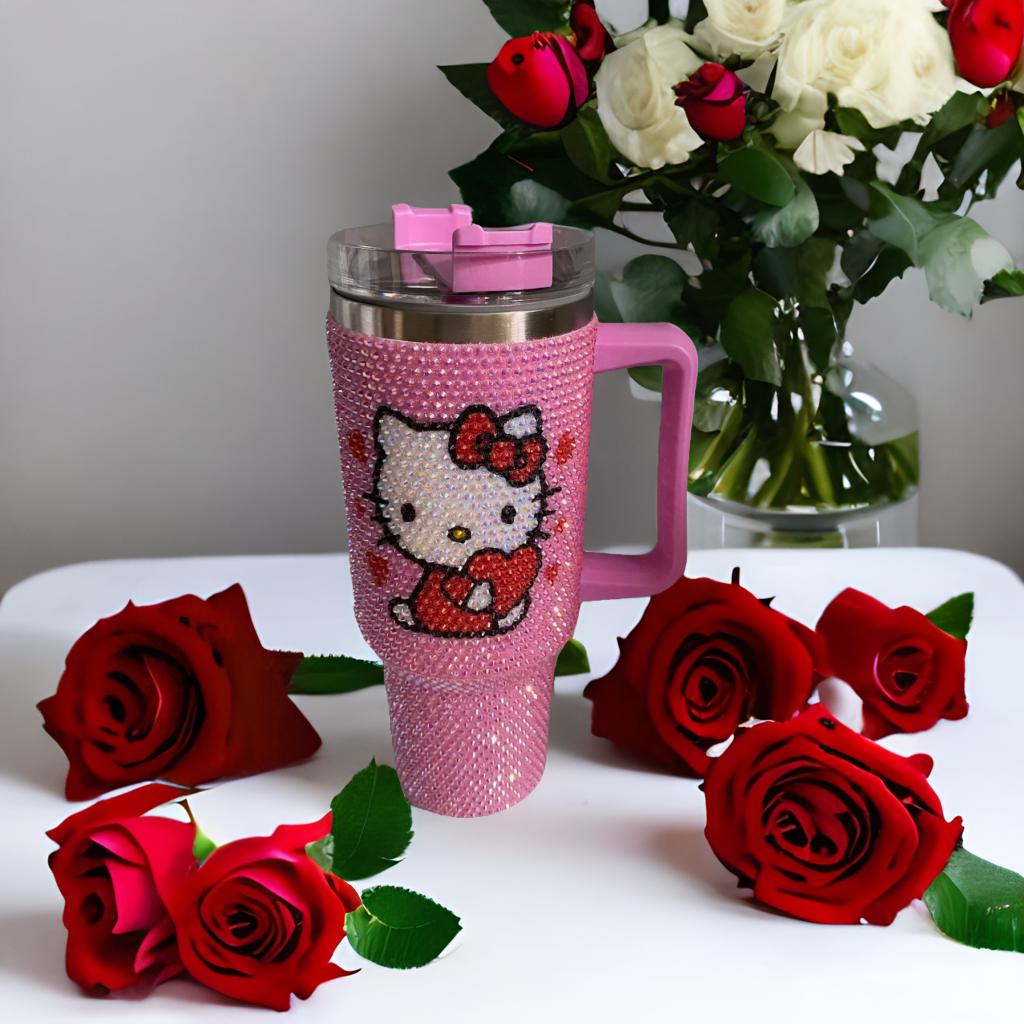 Cartoon Kitty Cat 40 oz Tumbler with Handle & Lid, Glass Pink Cute Kitty Travel Mug, Double Wall Insulated 201 & 304 Stainless Steel Cup for Coffee, Water, Cold Drinks, Large Capacity Cute Drinkware Inspired by Aron Kitty for Girls Women Gifts