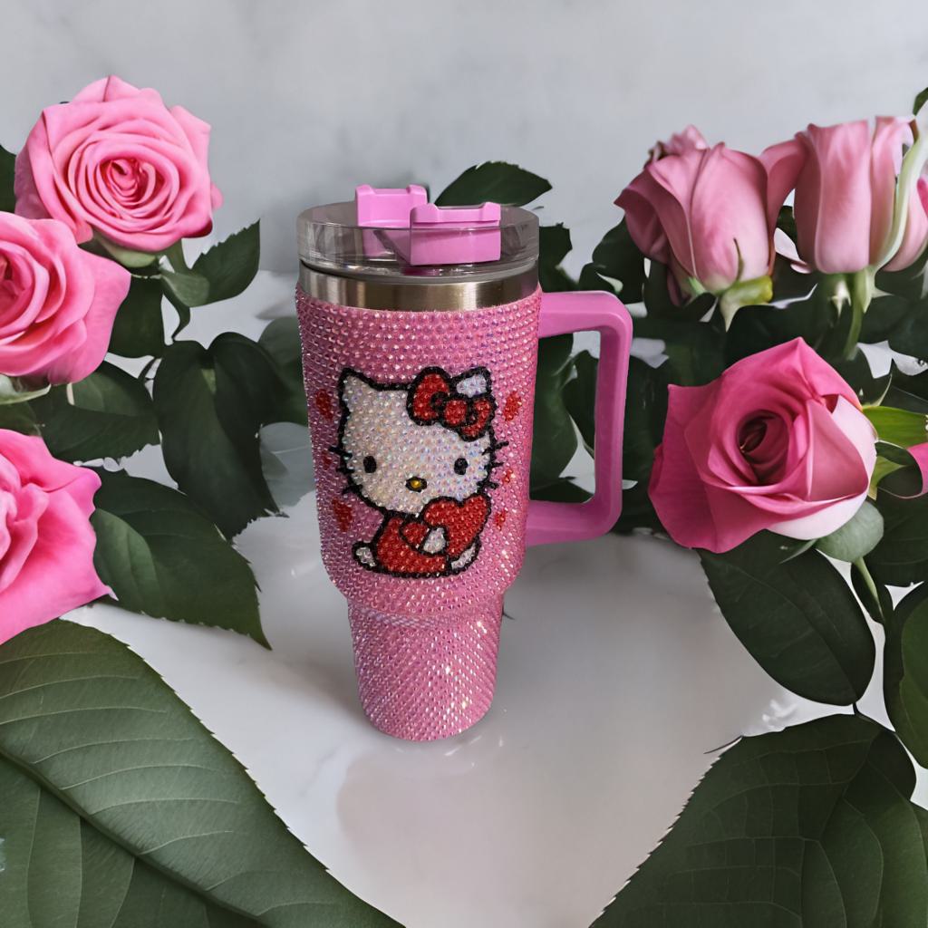 Cartoon Kitty Cat 40 oz Tumbler with Handle & Lid, Glass Pink Cute Kitty Travel Mug, Double Wall Insulated 201 & 304 Stainless Steel Cup for Coffee, Water, Cold Drinks, Large Capacity Cute Drinkware Inspired by Aron Kitty for Girls Women Gifts