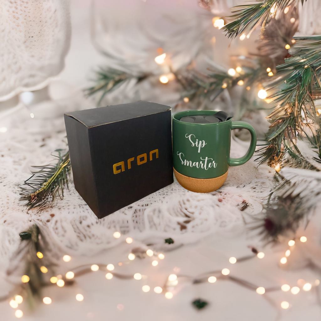 Aron 16.5 oz Ceramic Coffee Mug with Cork Bottom and Lid, Sip Smarter Design, Travel Coffee Cup for Home, Travel, Corporate, indoor, Birthday & Christmas Gift