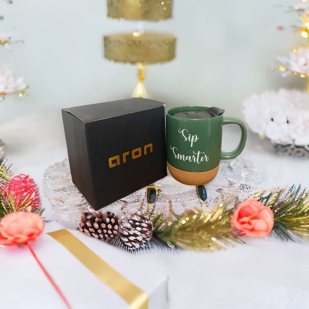 Aron 16.5 oz Ceramic Coffee Mug with Cork Bottom and Lid, Sip Smarter Design, Travel Coffee Cup for Home, Travel, Corporate, indoor, Birthday & Christmas Gift