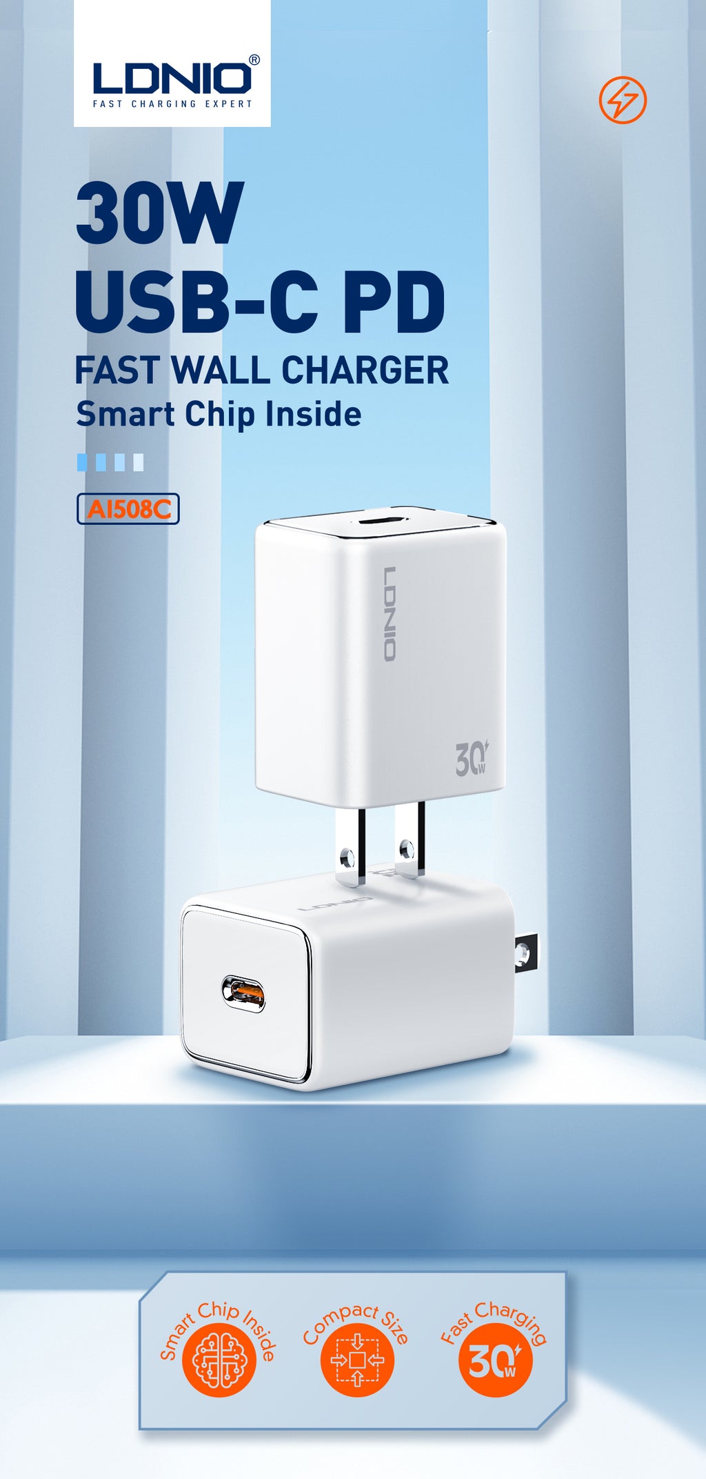 30W PD Fast Charger A1508C With Type-C to Type-C, Type C to Lightning – Support PD3.0 / PPS / QC3.0 / SCP / FCP