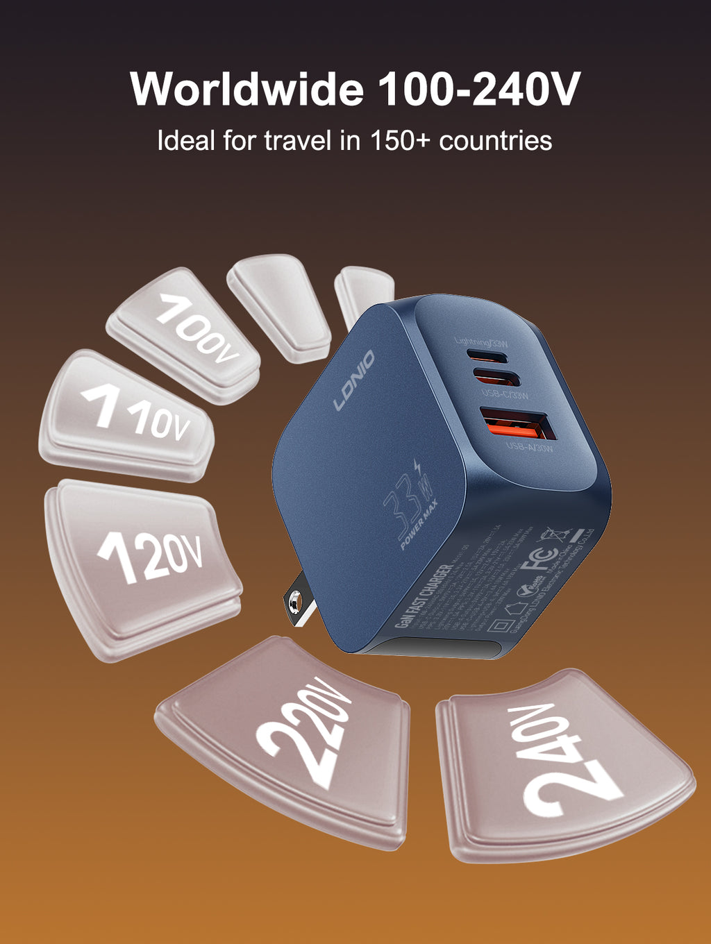 Q5 GaN 33W Fast Charger – 1×USB-C + 1×Lightning + 1×USB-A | PD / PPS / QC3.0 | US/EU/UK Plug Options