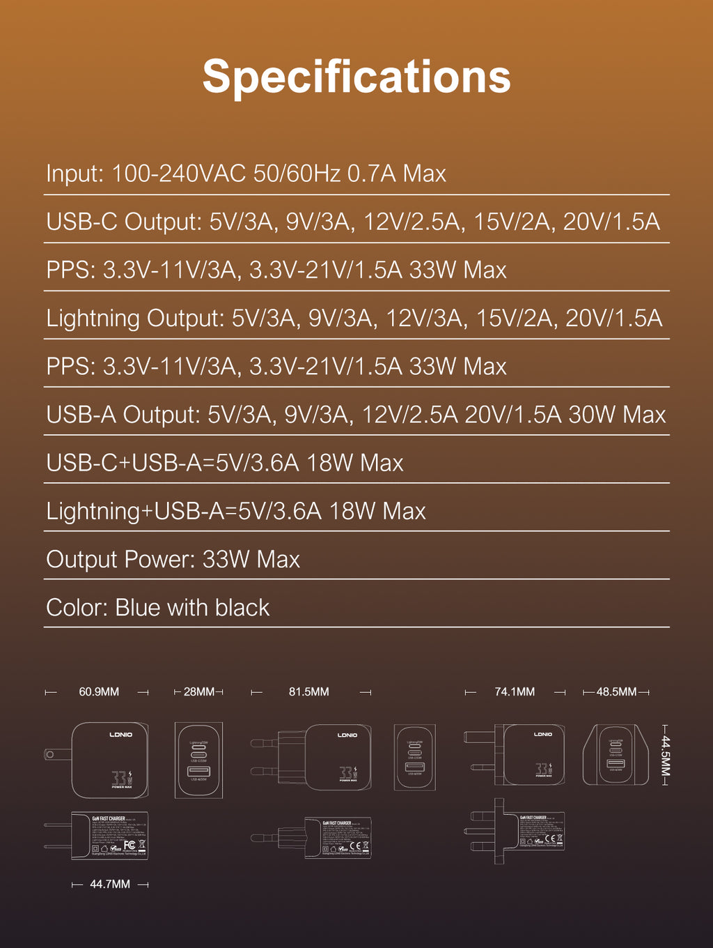 Q5 GaN 33W Fast Charger – 1×USB-C + 1×Lightning + 1×USB-A | PD / PPS / QC3.0 | US/EU/UK Plug Options