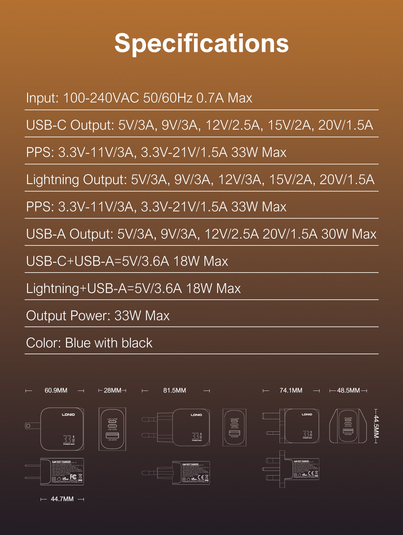 Q5 GaN 33W Fast Charger – 1×USB-C + 1×Lightning + 1×USB-A | PD / PPS / QC3.0 | US/EU/UK Plug Options