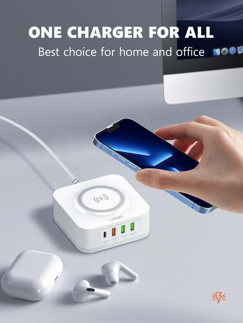 LDNIO 32W Desktop Wireless Charger with QC3.0 & PD 30W Fast Charging - AW004, Multi-Port USB & Wireless Charging Station