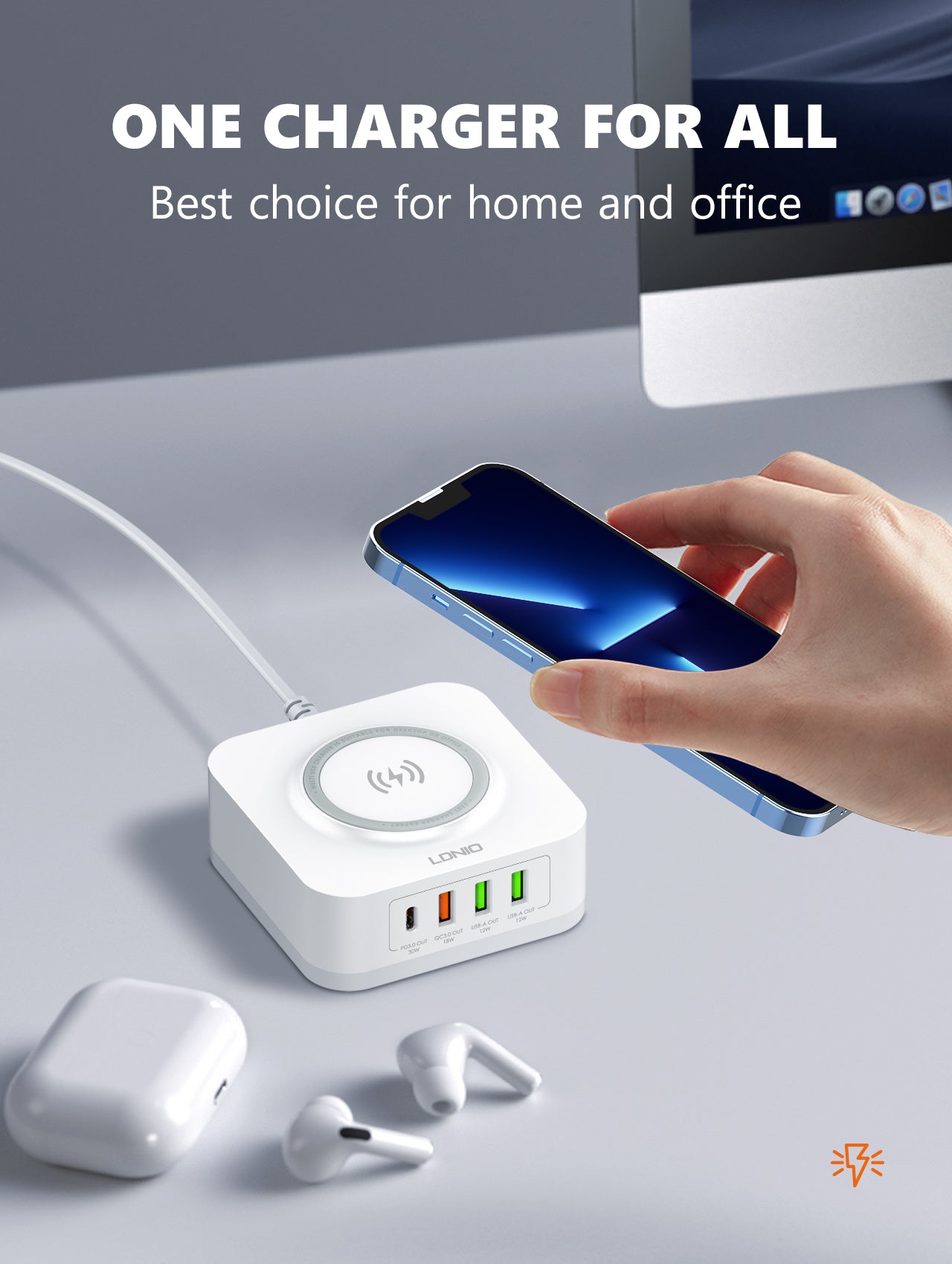 LDNIO 32W Desktop Wireless Charger with QC3.0 & PD 30W Fast Charging - AW004, Multi-Port USB & Wireless Charging Station