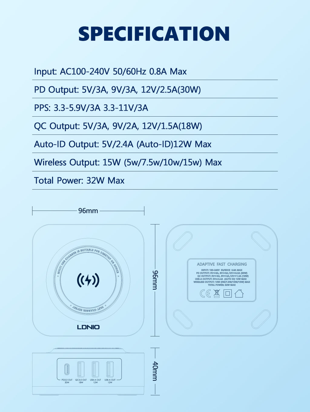 LDNIO 32W Desktop Wireless Charger with QC3.0 & PD 30W Fast Charging - AW004, Multi-Port USB & Wireless Charging Station
