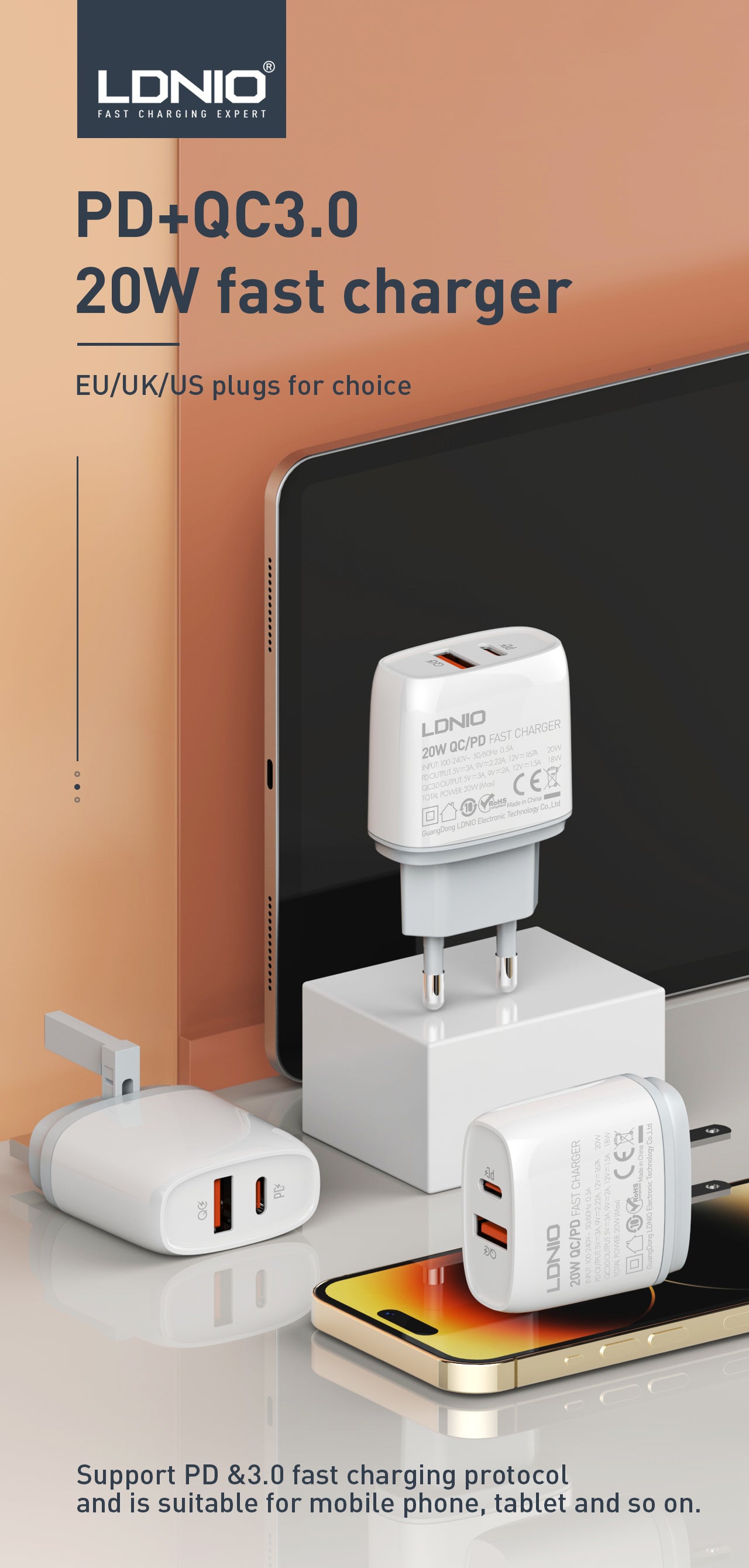 LDNIO 20W Dual Port Fast Charger PD + QC3.0 with USB-C & USB-A Outputs - Type-C/Lightning Compatible With Multiple Cable Options