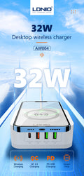 LDNIO 32W Desktop Wireless Charger with QC3.0 & PD 30W Fast Charging - AW004, Multi-Port USB & Wireless Charging Station