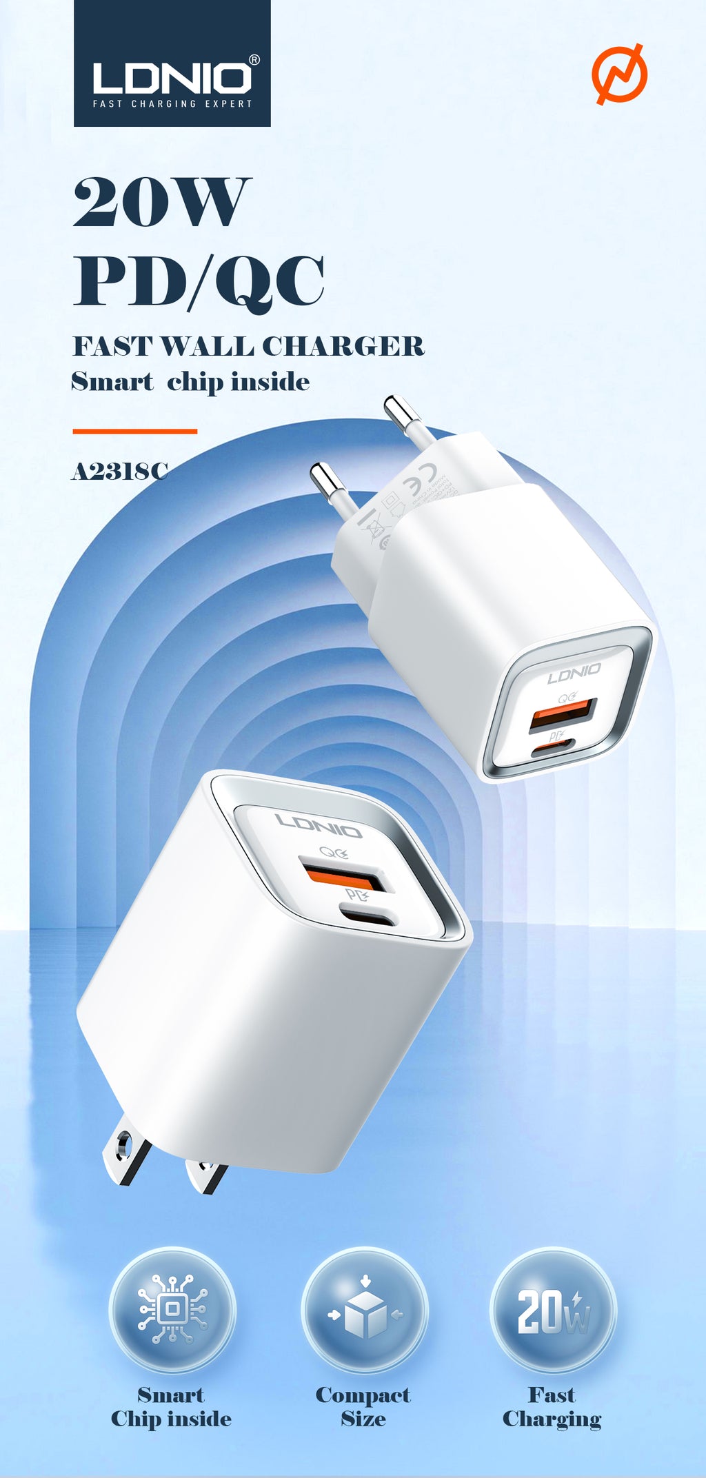 LDNIO 20W Dual Port Fast Charger with PD & QC3.0 Support – White USB-C & USB-A Wall Adapte