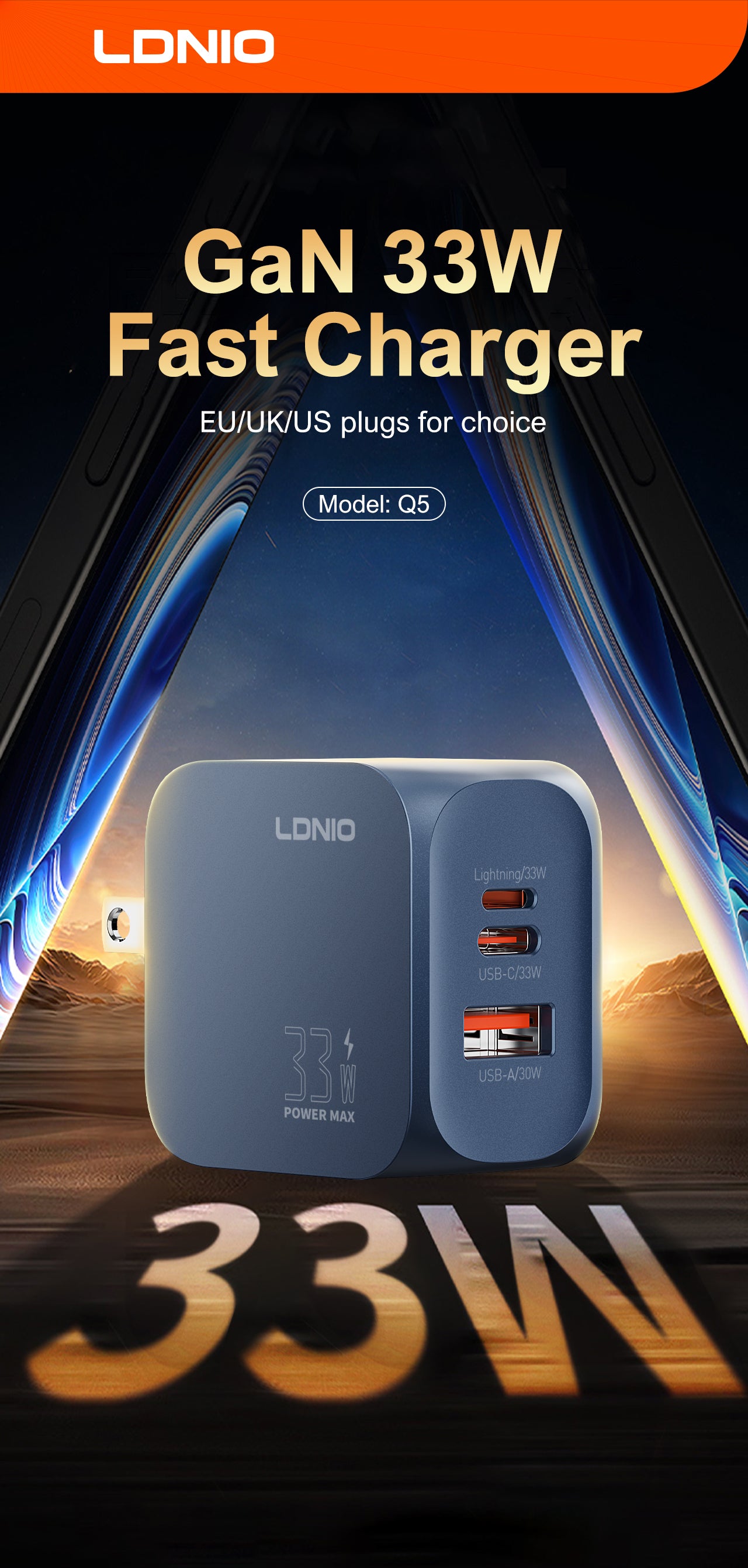 Q5 GaN 33W Fast Charger – 1×USB-C + 1×Lightning + 1×USB-A | PD / PPS / QC3.0 | US/EU/UK Plug Options