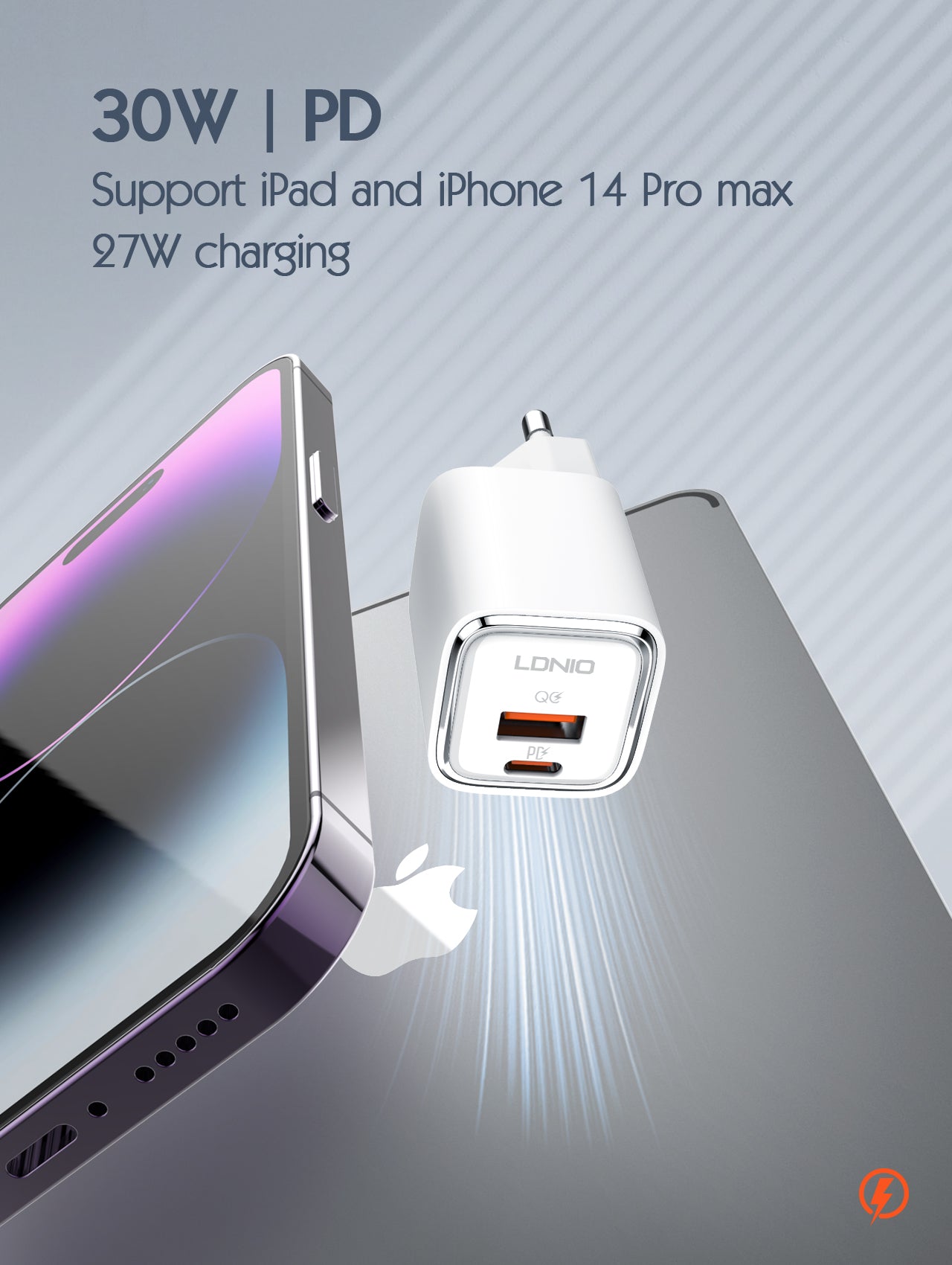 LDNIO 30W PD/QC3.0 Fast Dual-Port USB Charger A2317C with Type-C and USB-A Output Multiple Cable Options