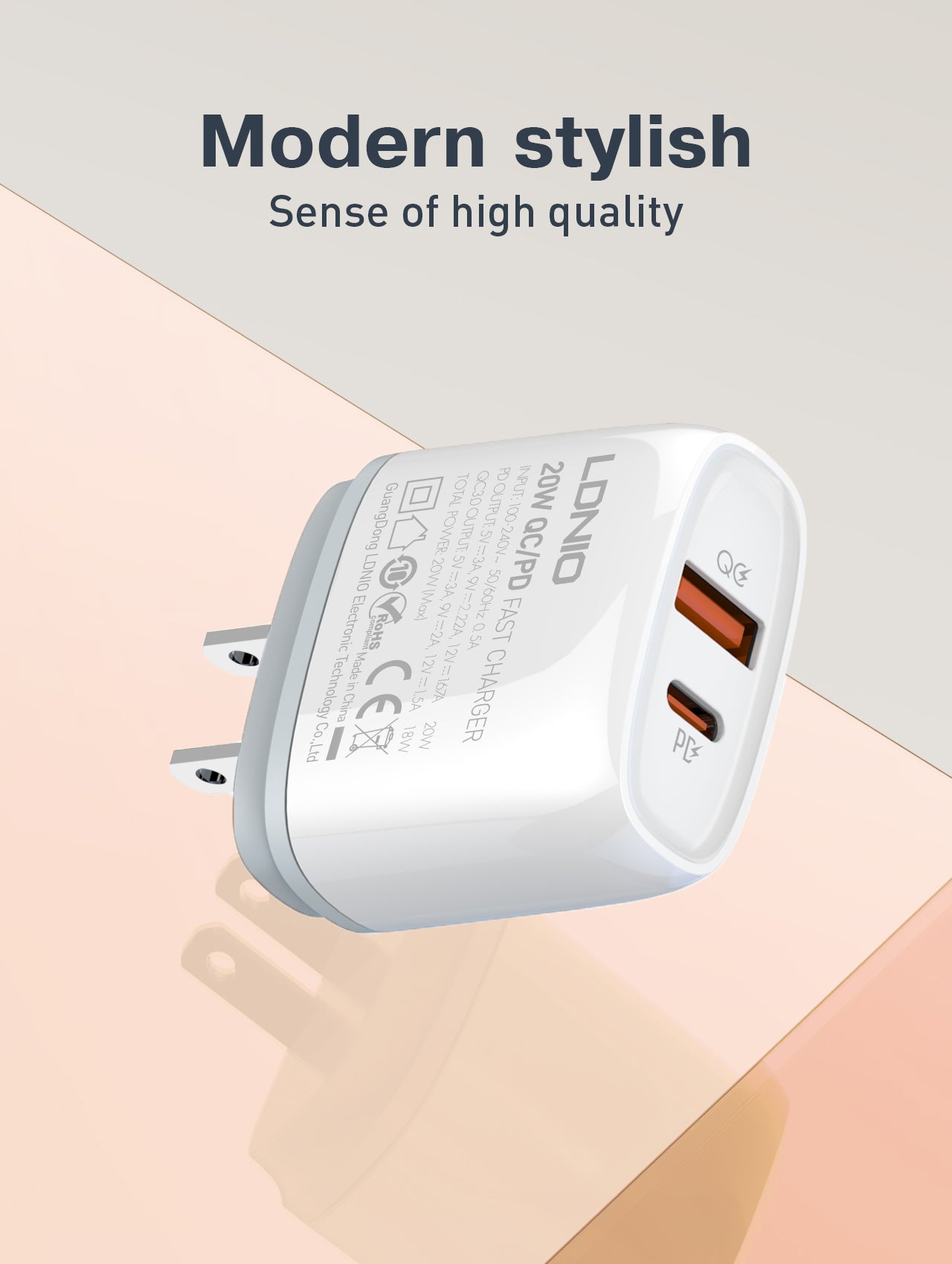 LDNIO 20W Dual Port Fast Charger PD + QC3.0 with USB-C & USB-A Outputs - Type-C/Lightning Compatible With Multiple Cable Options