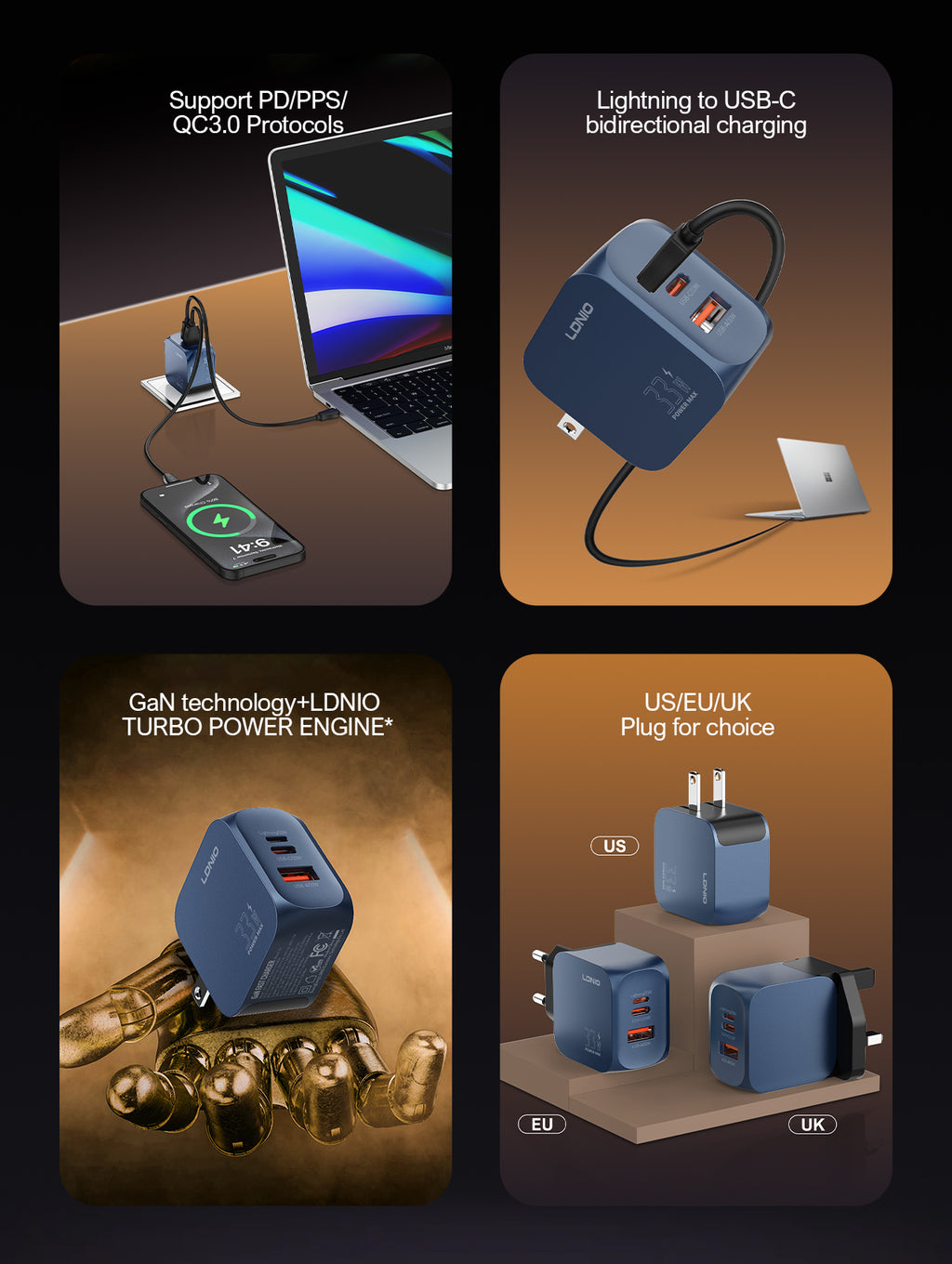 Q5 GaN 33W Fast Charger – 1×USB-C + 1×Lightning + 1×USB-A | PD / PPS / QC3.0 | US/EU/UK Plug Options