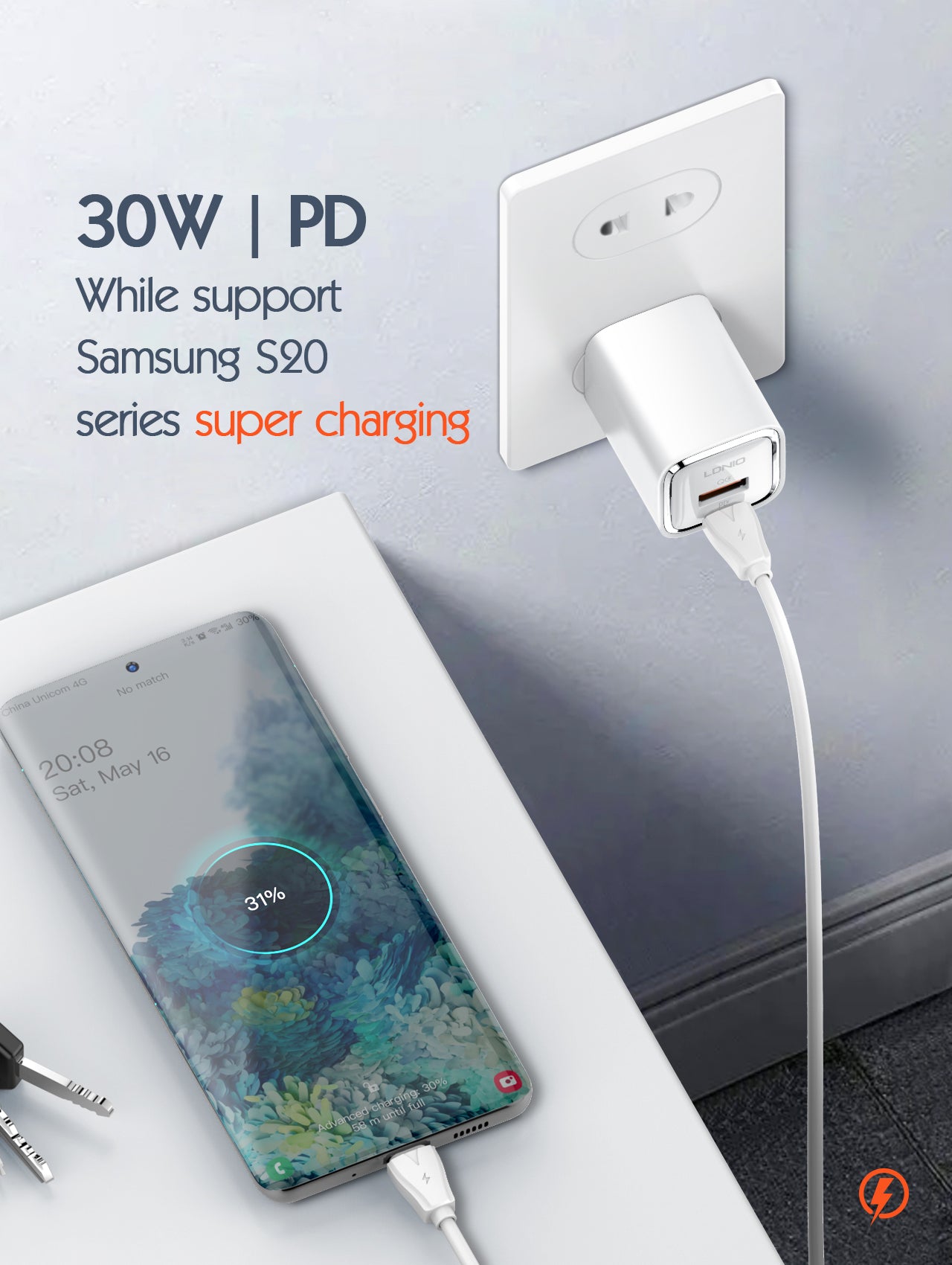LDNIO 30W PD/QC3.0 Fast Dual-Port USB Charger A2317C with Type-C and USB-A Output Multiple Cable Options