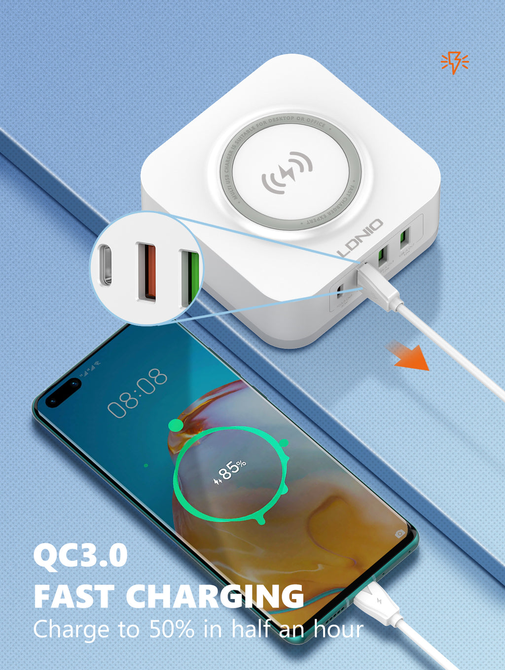 LDNIO 32W Desktop Wireless Charger with QC3.0 & PD 30W Fast Charging - AW004, Multi-Port USB & Wireless Charging Station