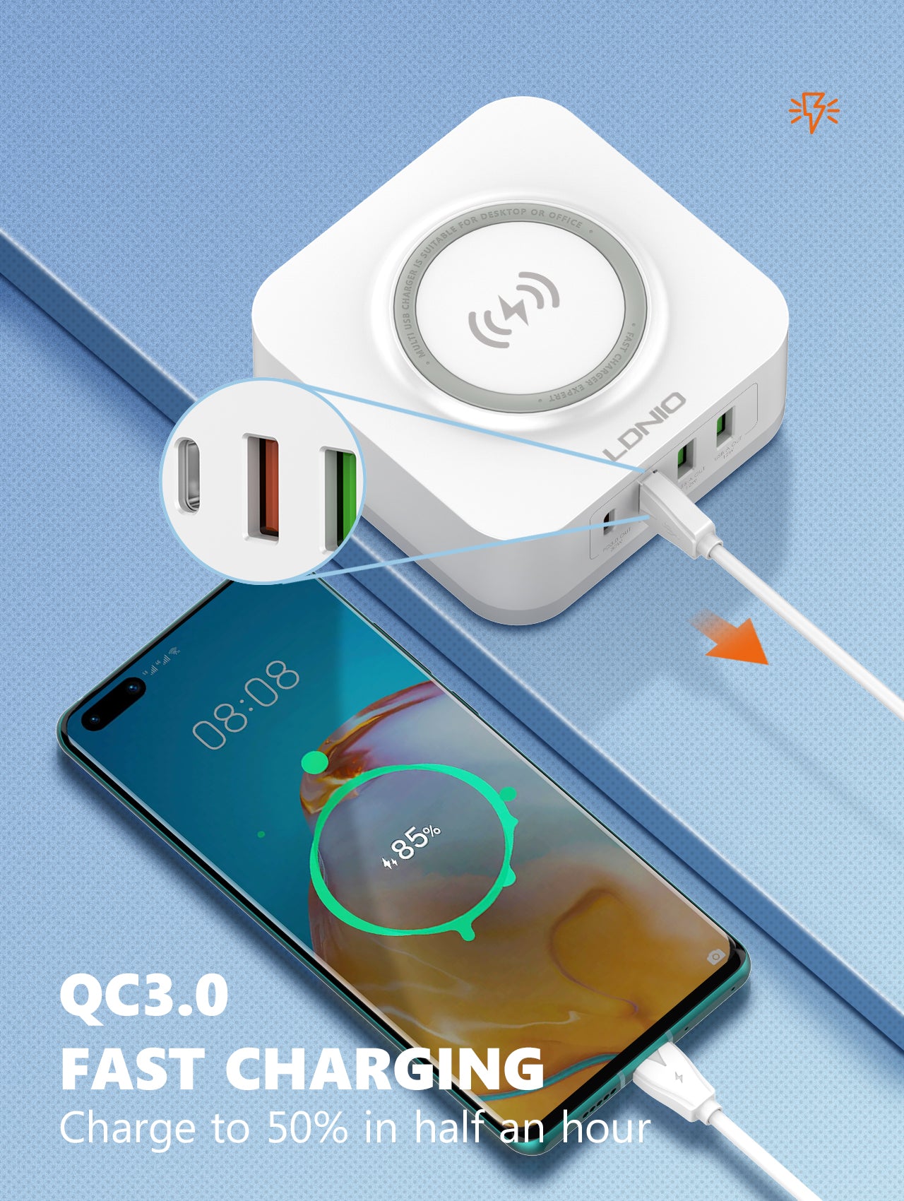 LDNIO 32W Desktop Wireless Charger with QC3.0 & PD 30W Fast Charging - AW004, Multi-Port USB & Wireless Charging Station