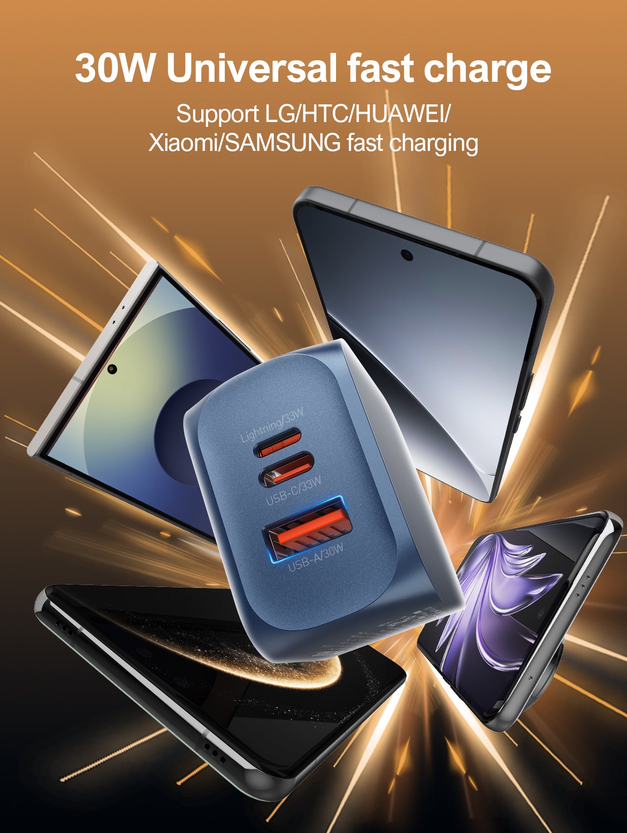 Q5 GaN 33W Fast Charger – 1×USB-C + 1×Lightning + 1×USB-A | PD / PPS / QC3.0 | US/EU/UK Plug Options