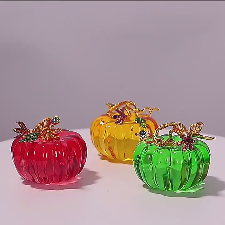 Crystal Glass Pumpkin Crafts Ornaments with Leaves Crafts Glass Pumpkin Decoration Halloween Table Figurine Simulation Autumn Harvest Gift Souvenir for Thanksgiving