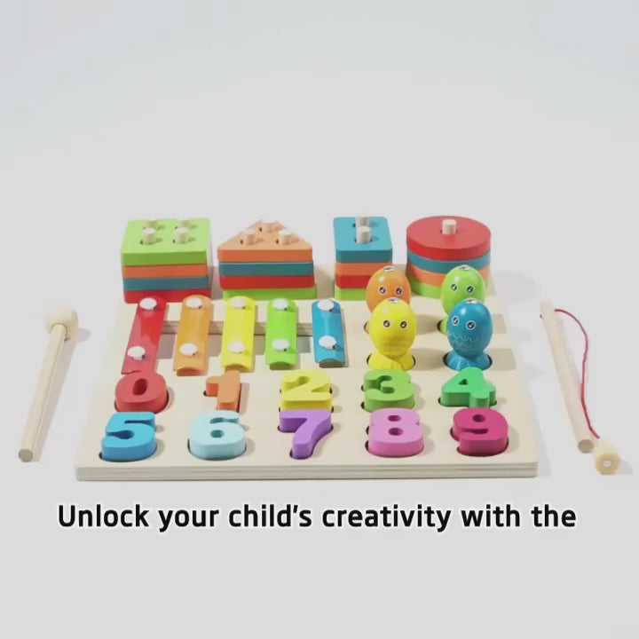 Montessori 4-in-1 Geometric Shapes Sorting & Stacking Toy – Columns Matching Blocks Set with Fishing Game, Sensory Learning, Early Education Activity Toy for Toddlers’ Intellectual Development