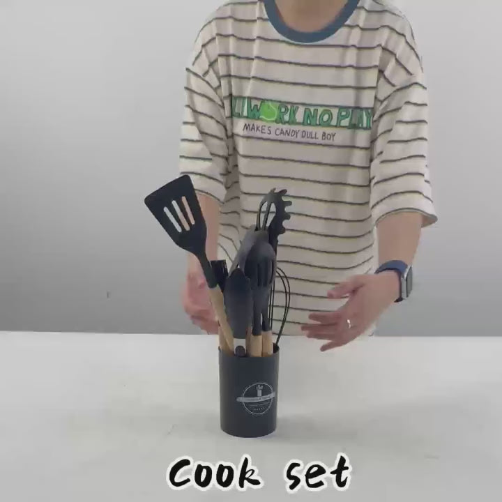 12-Piece Compact Silicone Kitchen Utensil Set With Wooden Handles & Storage Bucket– BPA-Free, Heat Resistant  Silicone cooking Tools, Non-Stick, Eco Friendly– Ideal for Small Kitchens & Gifting.