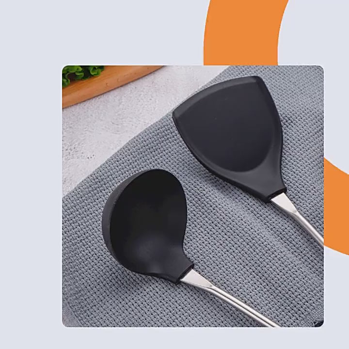 Silicone Spatula and Ladle Set - Stainless Steel Non Stick Heat-Resistant Kitchen Utensils BPA Free Cooking Utensils Cookware Wooden Handle Kitchen Utensils Set