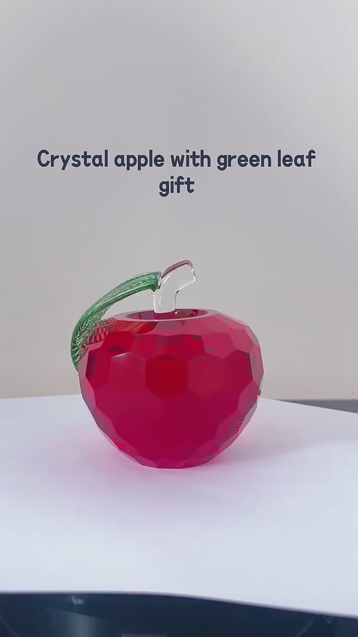 Home Decoration Crystal Glass Multi-Faceted Crystal Apples Paper Town Glass Crafts Wedding Decoration Art and Collectibles Souvenirs, Fruit with Leaf Gifts for Christmas Home Decor Ornament (red) 2pc